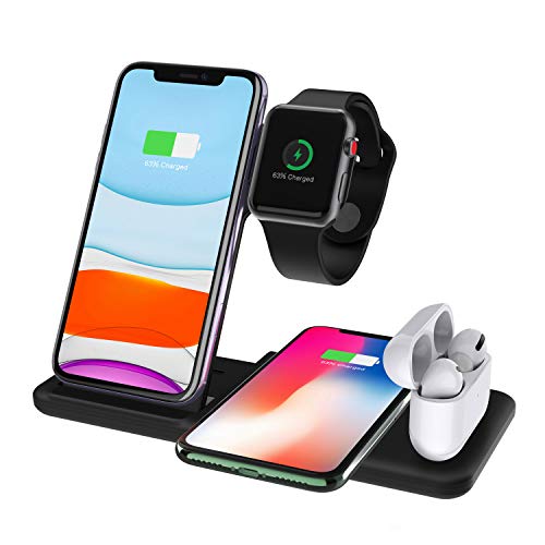 4 in 1 ワイヤレス 充電器 iPhone 11 Pro/iWatch/Airpods 充電 スタンド Qi 急速充電 最大出力15W - iPhone 11/11 Pro/11 Pro Max/XS/XS Max/XR/X/8/8 Plus - Apple Watch Series 5/4/3/2/1 - Airpods Pro/2/1 – Air Mouse 2 – Magic Trackpad 2 に対応 (アダプター無し, 黒)