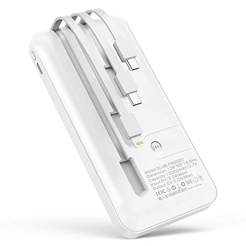 モバイルバッテリー 10000mAh 大容量 3ケーブル内蔵(Lightning+Micro USB+Type C 4台同時充電 急速充電 薄型 軽量 持ち運び便利 スマホ充電器 携帯バッテリー スタンド機能搭載 残電量表示【PSE認証済】 iPhone/iPad/Android全機種対応 (ホワイト)