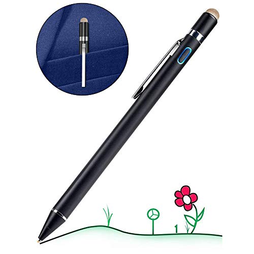 【改良版】 タッチペン 極細 スマートフォン タブレット スタイラスペン iPad iPhone Android対応 高感度 ツムツム 金属製 軽量 充電式 タッチ ペン 細/太両側使る 導電繊維 銅製1.45mmペン先 (ブラック)