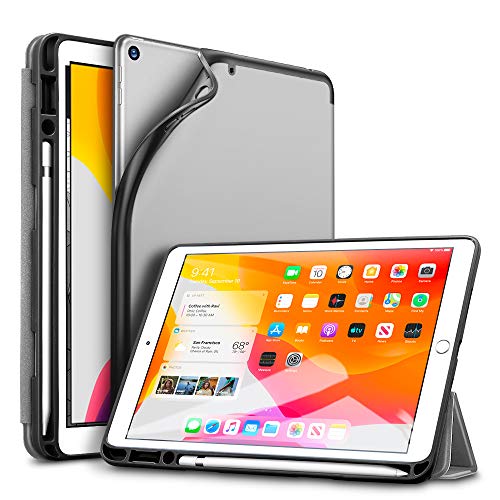 ESR iPad 7 ケース 2019モデル ペンシル収納可能 iPad 10.2インチ カバー ソフトフレキシブル 耐衝撃 傷防止 オートスリープ/ウェイク ペンシルホルダー付き 三つ折りスタンド iPad第7世代2019専用(グレー)