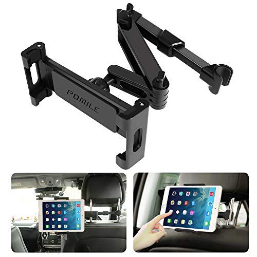 POMILE タブレット ホルダー 車載ホルダー ヘッドレスト ホルダー 伸縮アームスタンド スマホ ホルダー ヘッドレスト バーの適用幅範囲13cm~17.5cm 厚みが16mm以下の機種は対応可能 後部座席用 4.7-13インチのiPad/ Mini Pro Air/Nintendo Switchなど対応 6月保証