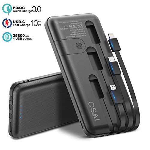 モバイルバッテリー 25800mAh 大容量 IVSO【PSE認証済】3ケーブル内蔵 (Lightning+Micro USB+Type C)携帯バッテリー 大容量 軽量 急速充電 スマホ充電器 4台同時充電でき 残量表示 げデザイン 持ち運び便利 防災グッズ iPhone/iPad/Android機種対応(ブラック)