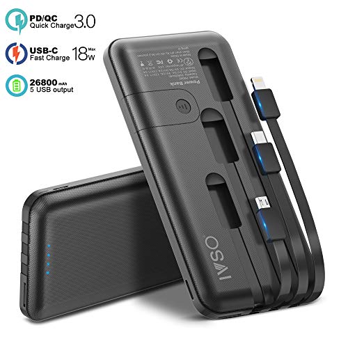 【2020増容版】モバイルバッテリー 26800mAh 大容量IVSO(Lightning+Micro USB+Type C) 3ケーブル内蔵 バッテリー 急速充電 軽量4台同時充電でき スタンド機能搭載 スマホ充携帯電器 残量表示 PSE認証済 iPhone/iPad/Android対応